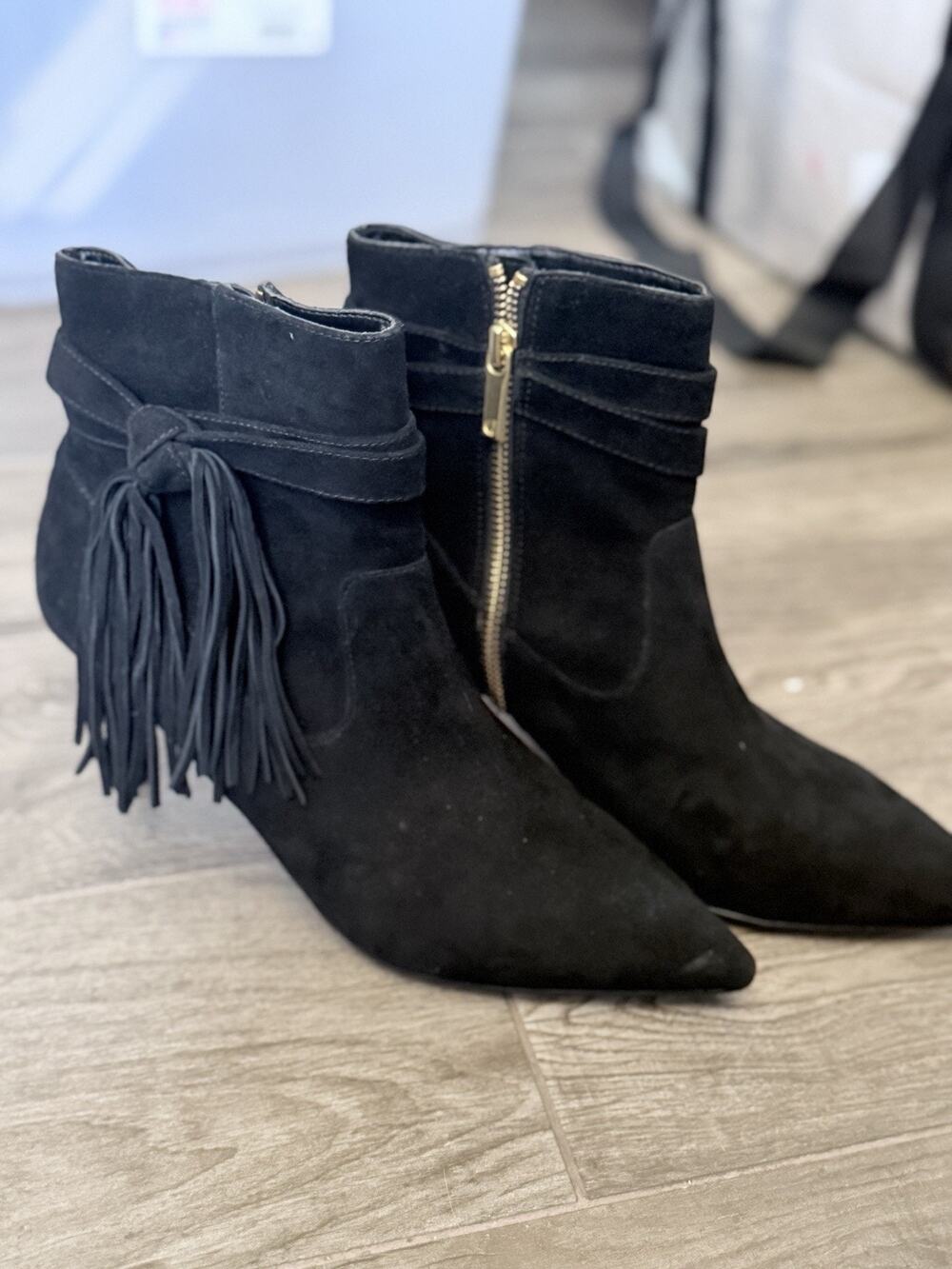 Women’s Charles Jourdan Black Leather Boots with Fringe and Zipper On Side 8 US